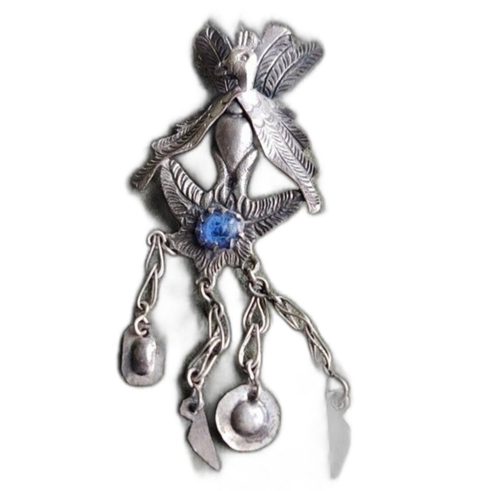 Antique Peruvian Peacock Shawl Pin/Brooch Cabochon Blue Stone Silver Ove…